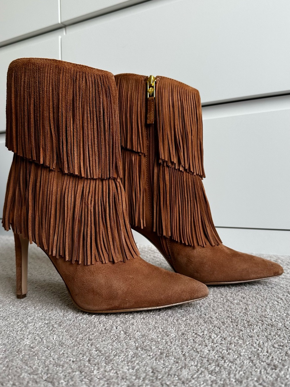 Sam Edelman- Fringe Suede Pointed-Toe Ankle Boots - Size 6 US